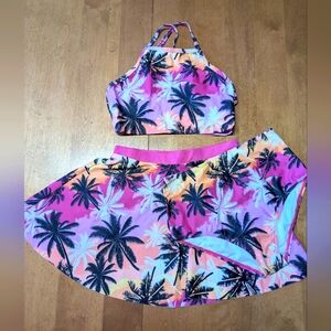 Tropical Palm Tree Print Girls 3 Piece Bikini Set